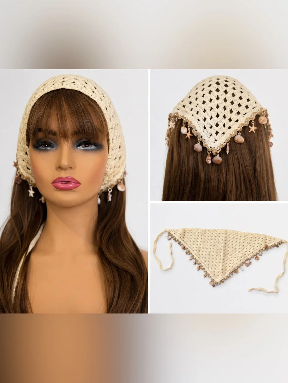 Boho Coastal Crochet Triangle Head Scarf Shell Charm Bandana Cream Beachcore
